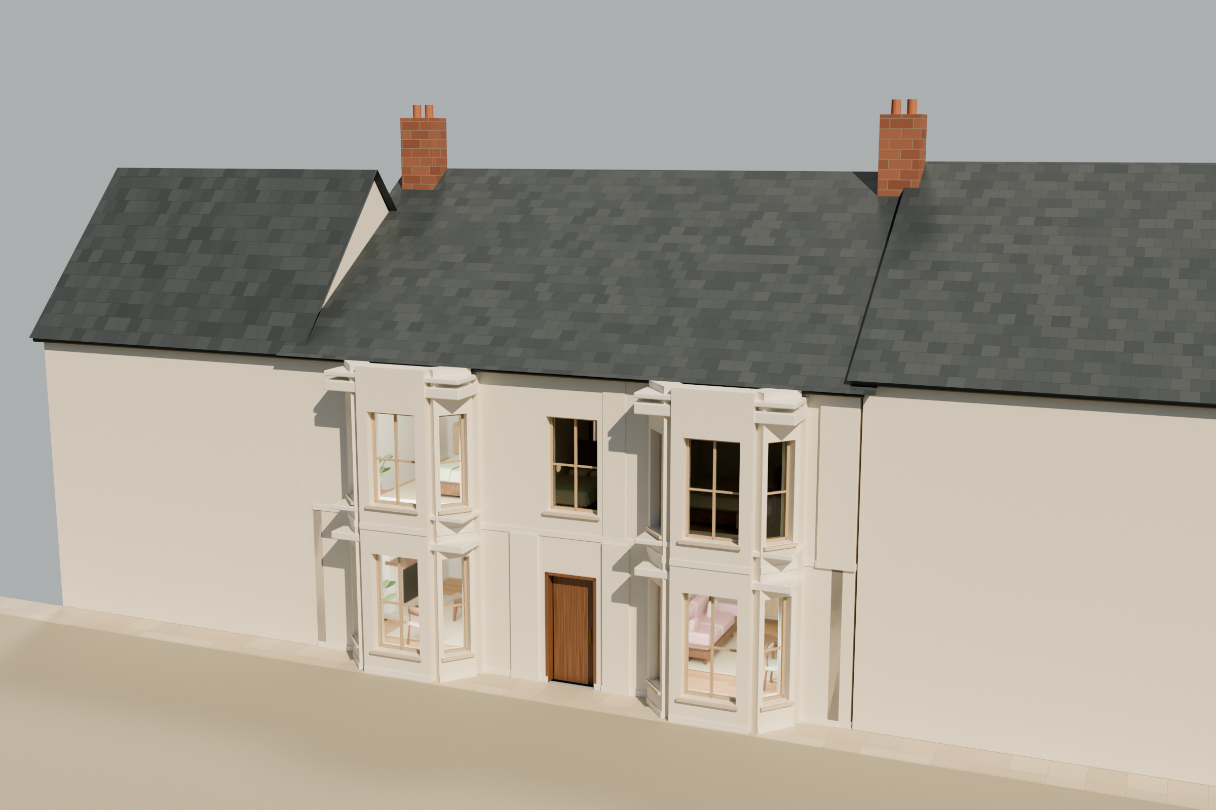 Front elevation render retaining the original bay windows and slate roof