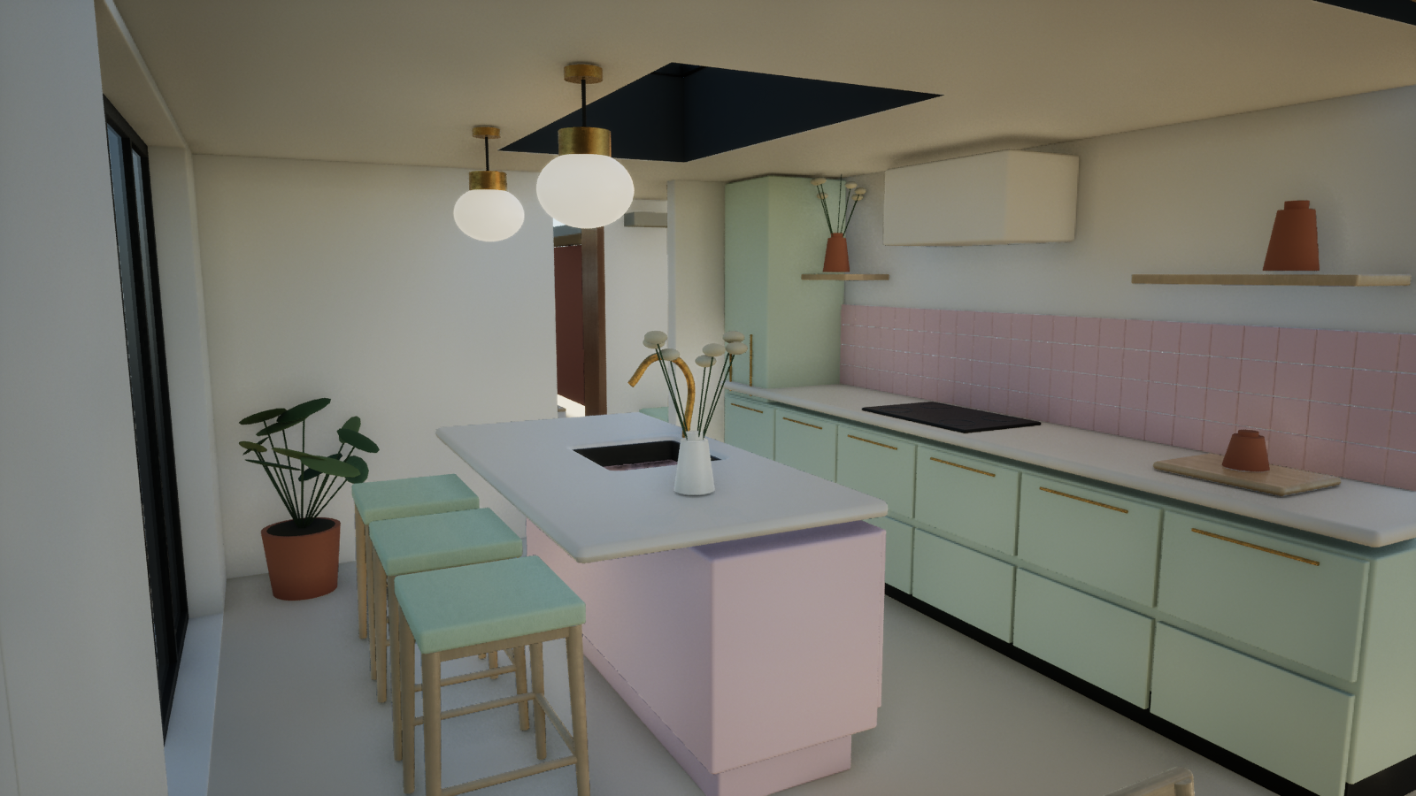 Unreal capture of the pale sage kitchen and pink island