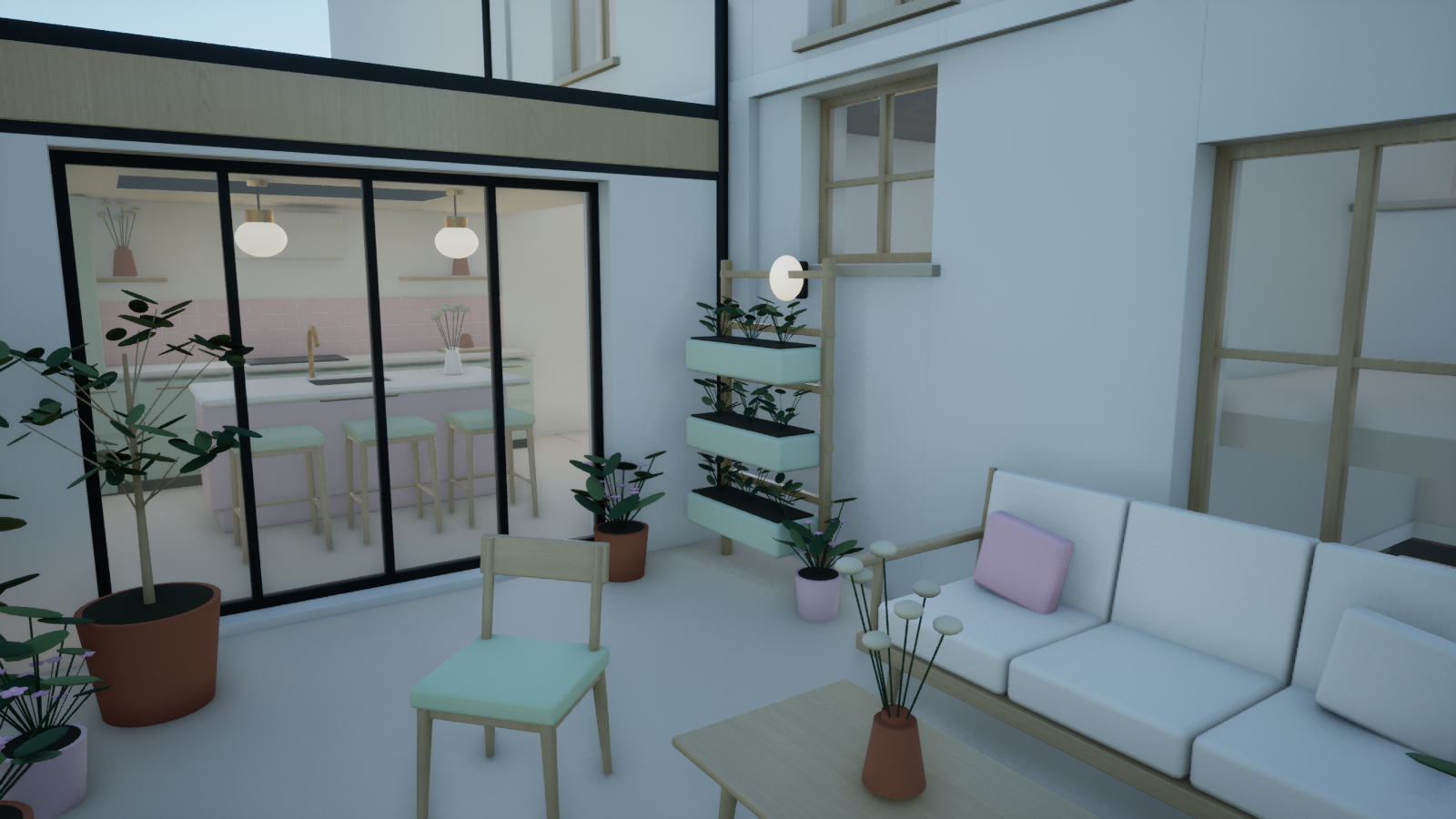 Unreal capture of the proposed courtyard and planted seating area