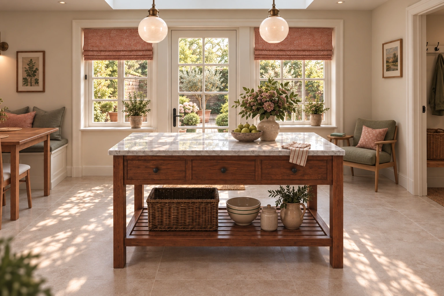 Unreal capture of the reading chair, antique plate display and dining option