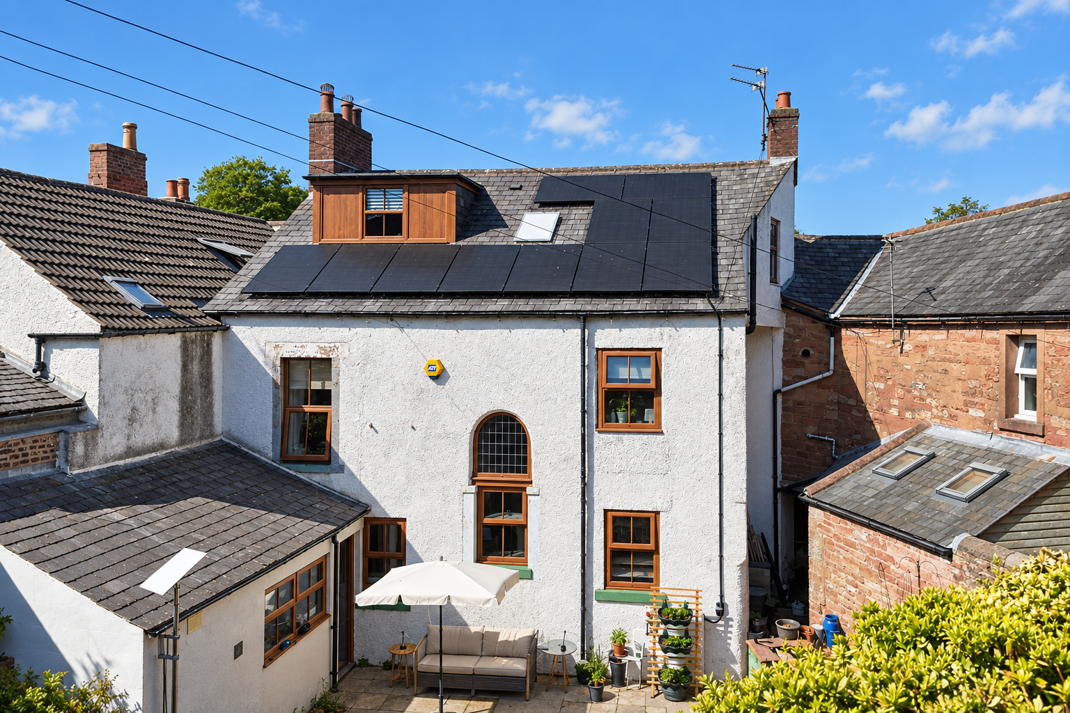 Photo-based 2D illustration of the existing house and pitched kitchen roof