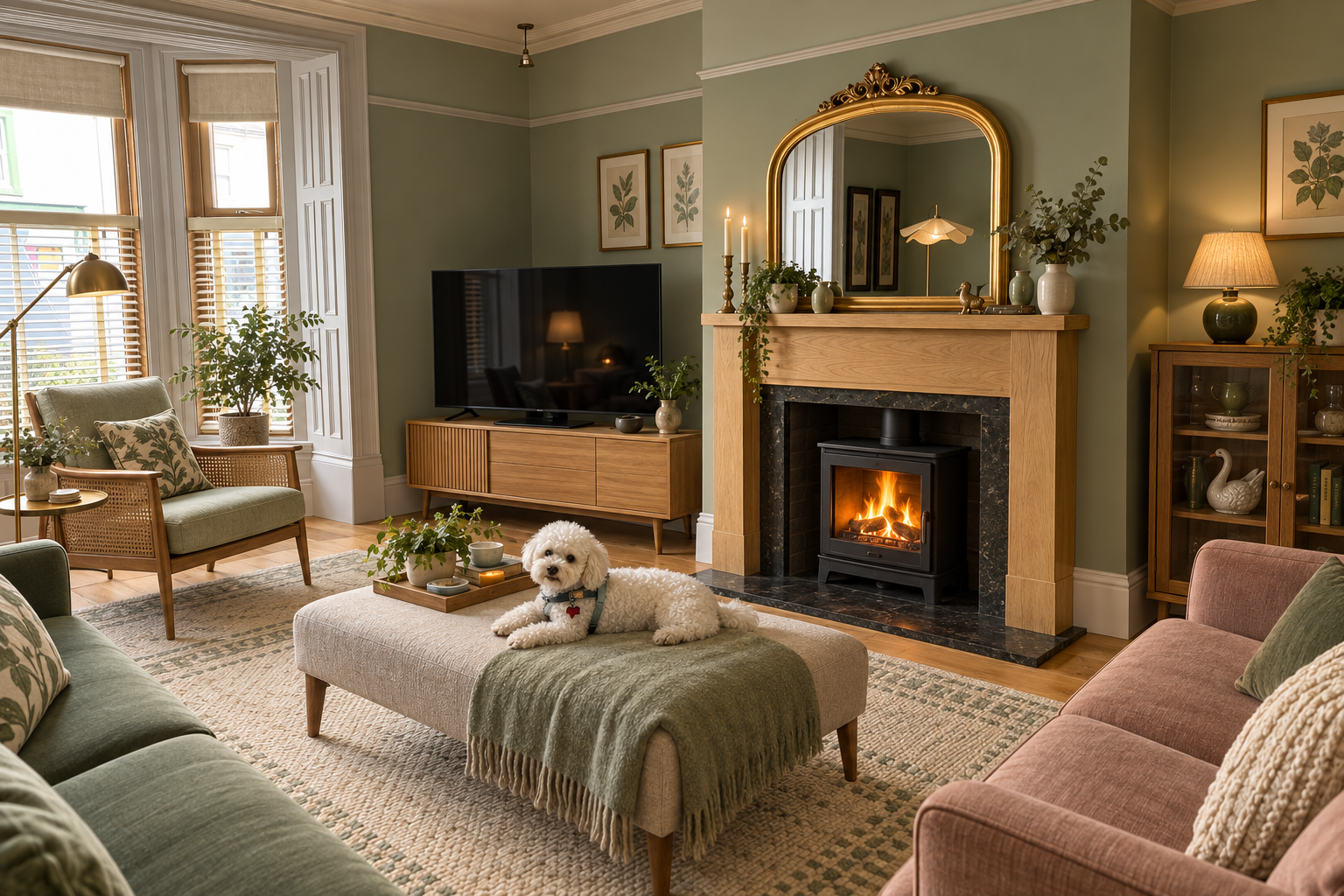 Proposed mid-century living room with lit fireplace and your dog on the central footstool